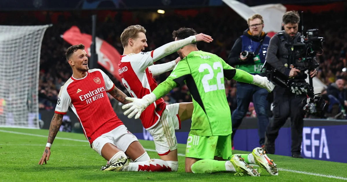 Martin Odegard and Ben White celebrate win with Raya after Arsenal vs Porto Penalty Shootout