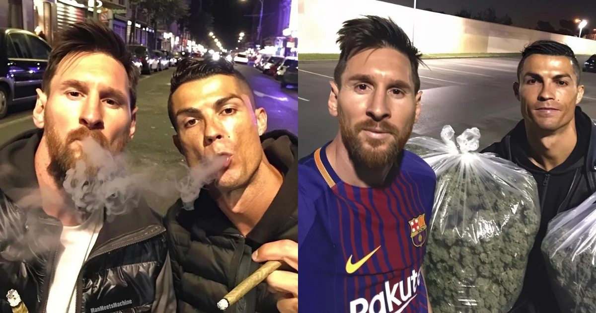 Cristiano Ronaldo and Lionel Messi smoking cigars together in a selfie