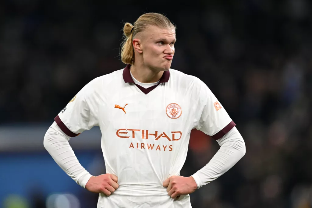 A photo of Erling Haaland from Manchester City reacting during the Premier League match against Aston Villa at Villa Park on December 6, 2023.