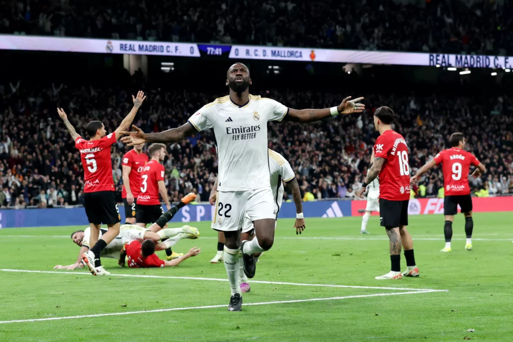 Antonio Ruediger of Real Madrid celebrates scoring the team's first goal in the LaLiga EA Sports match against RCD Mallorca at Estadio Santiago Bernabeu on January 03, 2024, in Madrid, Spain.