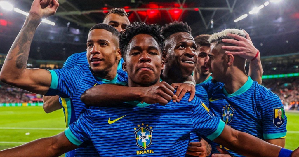 Brazil celebrating after Endrick's only goal against England (Credit: Getty)