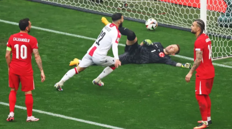 Georges Mikautadze celebrating after scoring Georgia's first goal in a major international tournament.