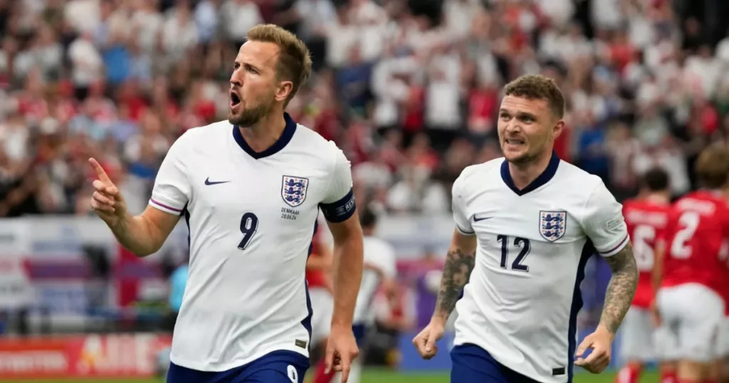 Harry Kane celebrates after scoring for England vs. Denmark