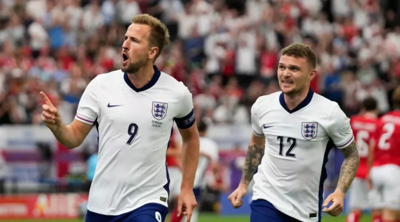 Harry Kane celebrates after scoring for England vs. Denmark