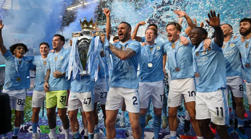 Man City lifting Premier League 2023/24 trophy