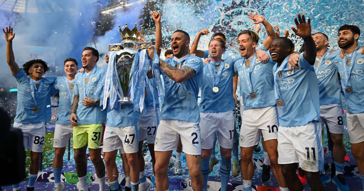 Man City lifting Premier League 2023/24 trophy