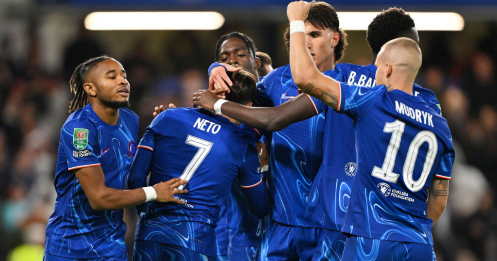 Chelsea players while celebrating a goal against Barrow in EFL Cup