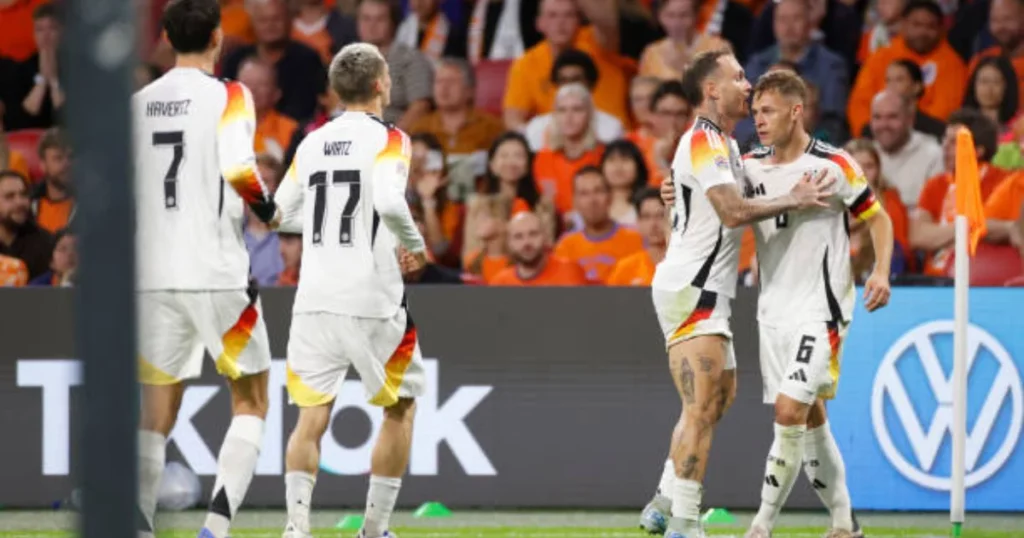 German team celebrates after scoring goal against Netherlands