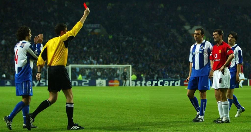 Roy Keane receives a red card