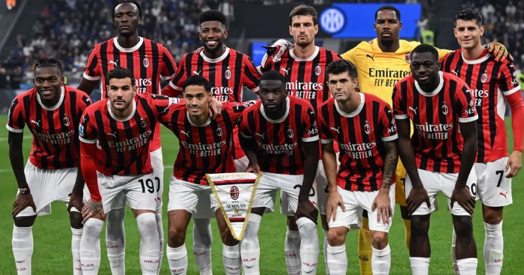 AC Milan players pose for a team photo ahead of their clash with Inter