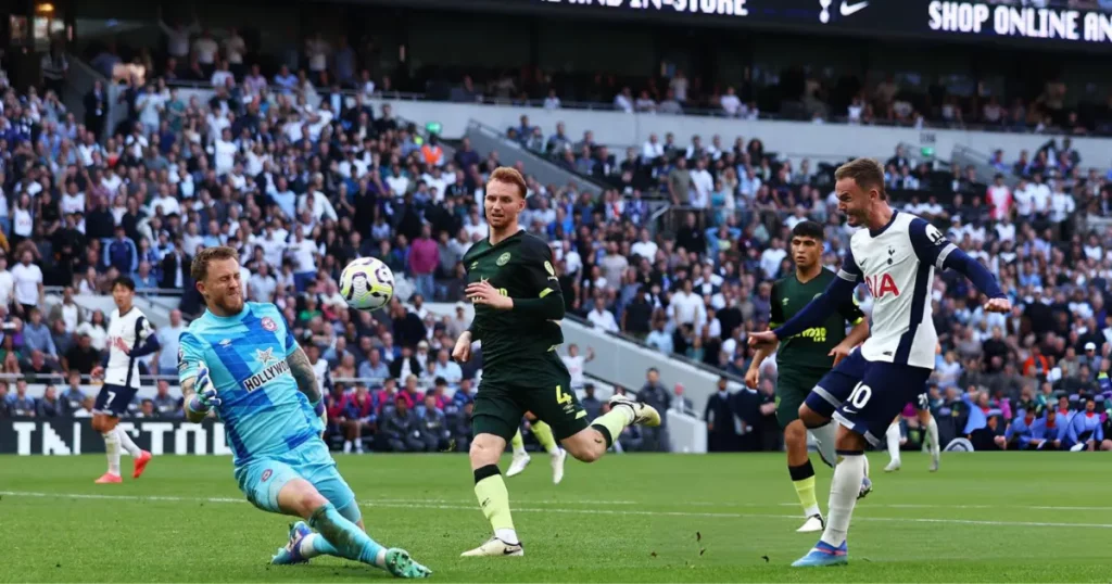 James Maddison of Spurs scoring winner vs Brentford