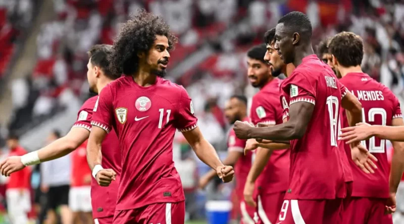 Qatar celebrating their goal in AFC Asian cup 2023