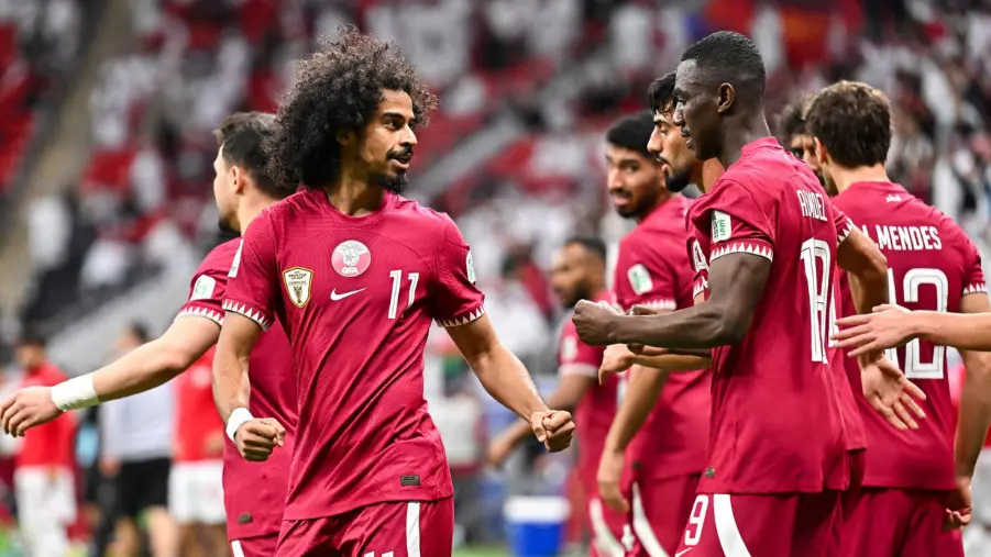 Qatar celebrating their goal in AFC Asian cup 2023