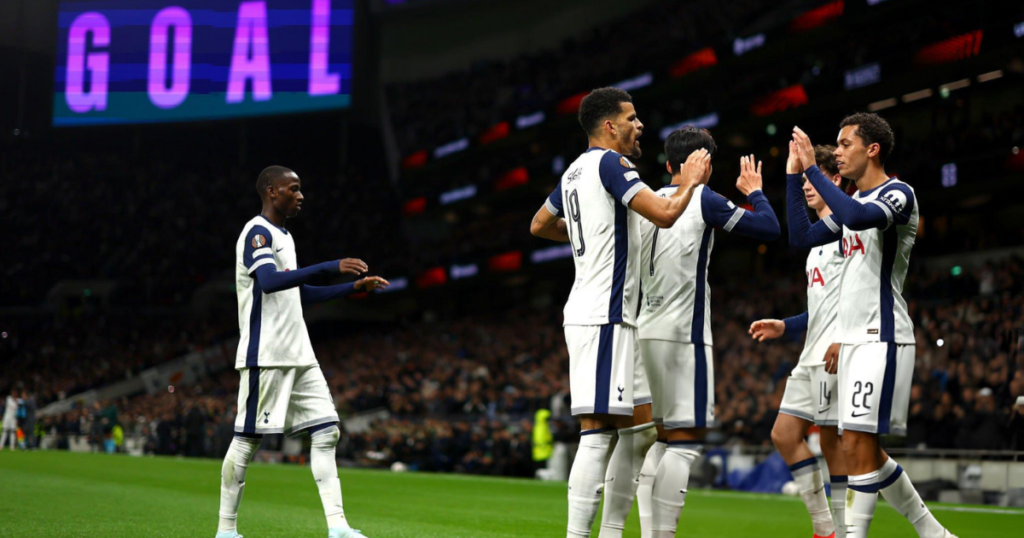 Spurs players celebrating their goal against Qarabag