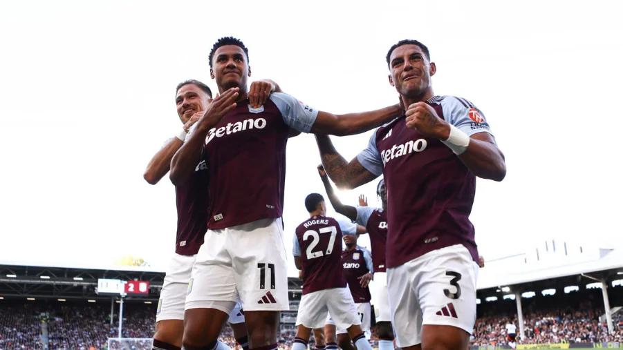 Ollie Watkins of Aston Villa and Diego Carlos of Aston Villa celebrate their second goal during the Premier League match