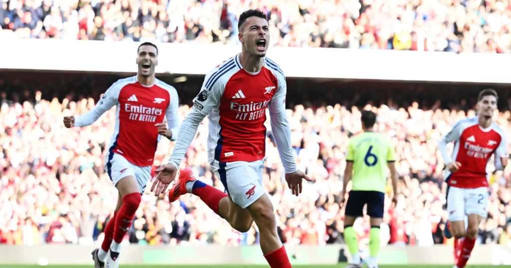 Gabriel Martinelli celebrating after scoring Arsenal's second goal