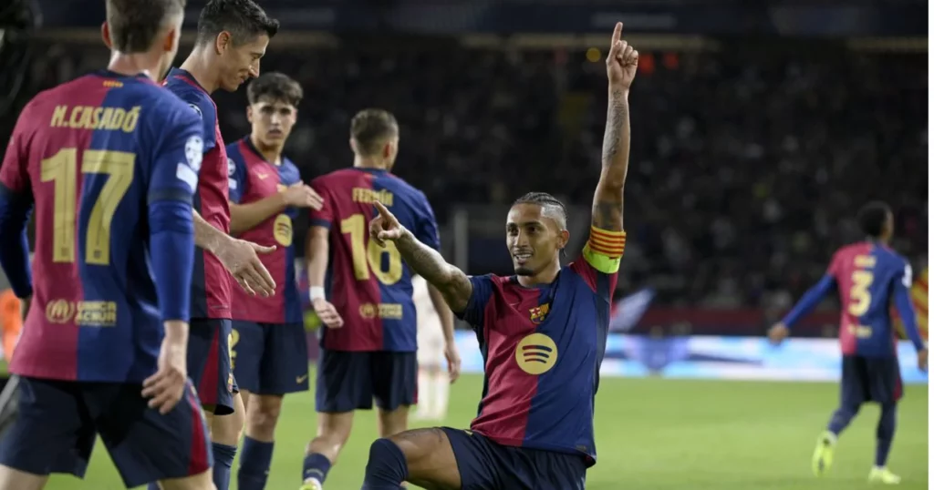 Barcelona players celebrating a goal vs Bayern