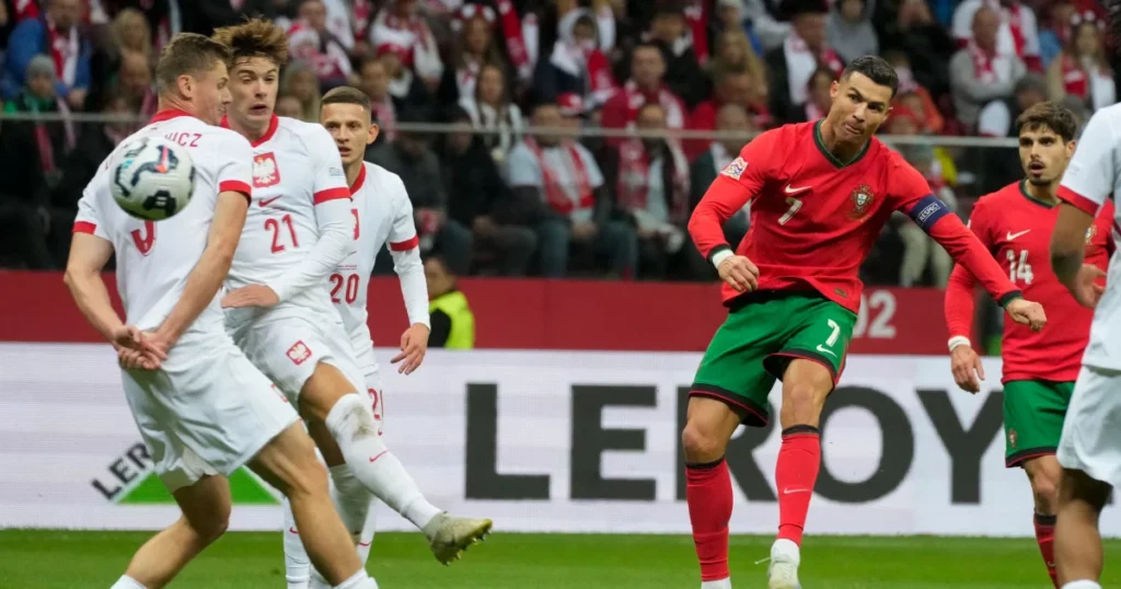 
Cristiano Ronaldo of Portugal attempts a shot on goal