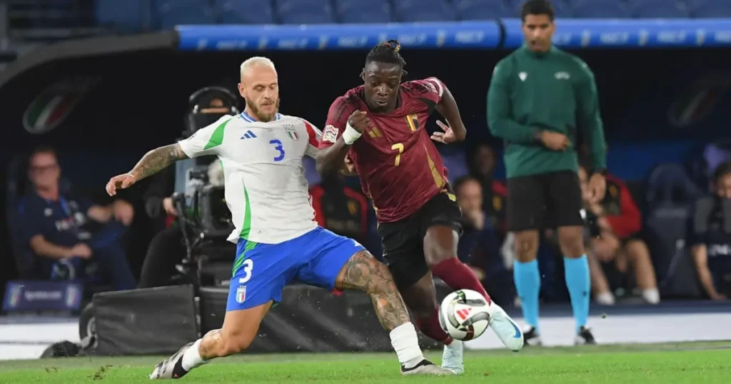 Jeremy Doku of Belgium against Federico Demarco of Italy