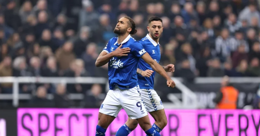 Dominic Calvert-Lewin of Everton celebrates scoring his team's first goal from a penalty kick during the Premier League match between Newcastle United and Everton FC at St. James Park on April 02, 2024