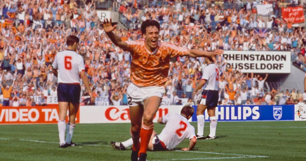 Marco van Basten celebrates his goal