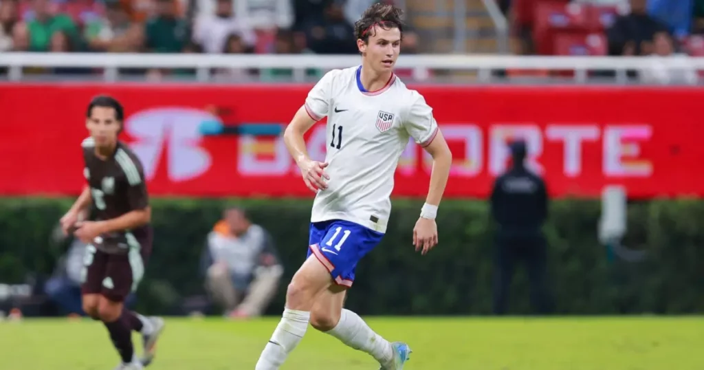 USA's Brenden Aaronson in action against Mexico in a friendly game