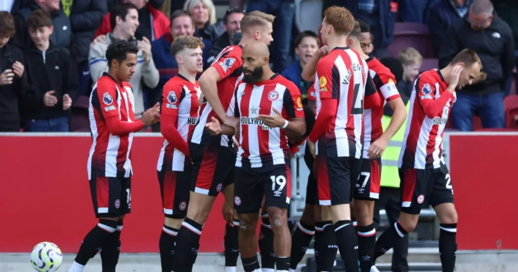 Brentford players celebrating their goal against West Ham United 