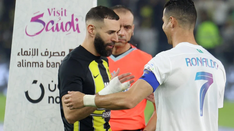 Benzema and Ronaldo before a game in Saudi Pro League