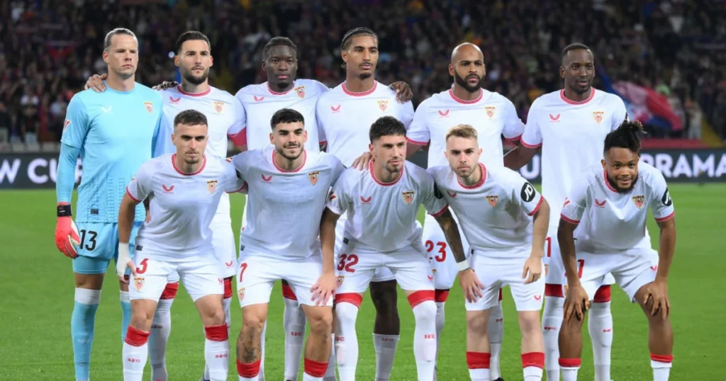 Sevilla players at the start of the game