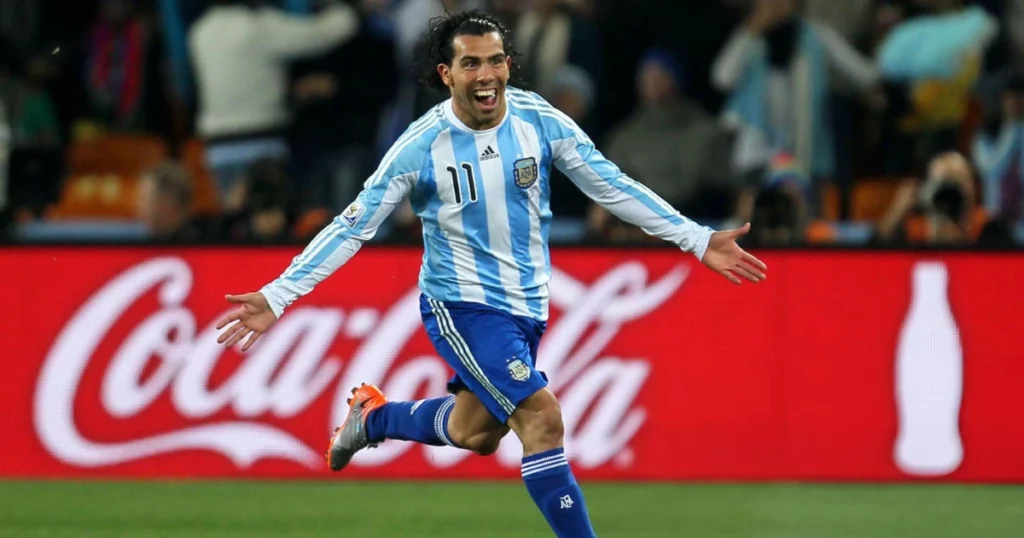 Carlos Tevez celebrates after scoring a goal in the 2010 World Cup