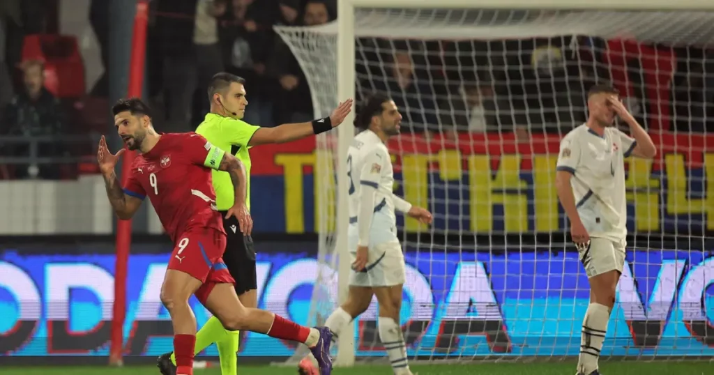 Aleksandar Mitrovic after scoring a goal against Switzerland in the Nations League