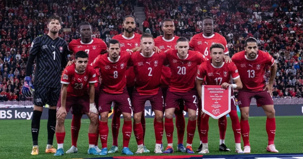 Switzerland players in a group photo during a game against Spain 