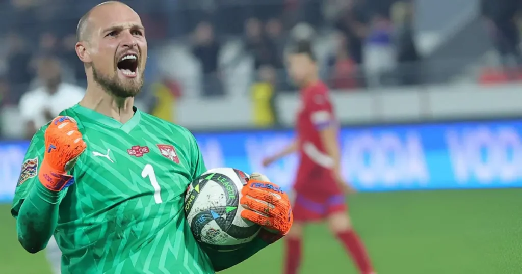 Serbia's Predraj Rajkovic after saving a penalty against Switzerland in the Nations League