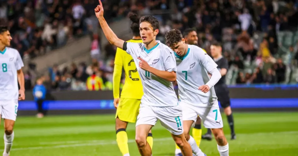 New Zealand's Elijah Just after scoring a goal against Malaysia in a friendly fixture 