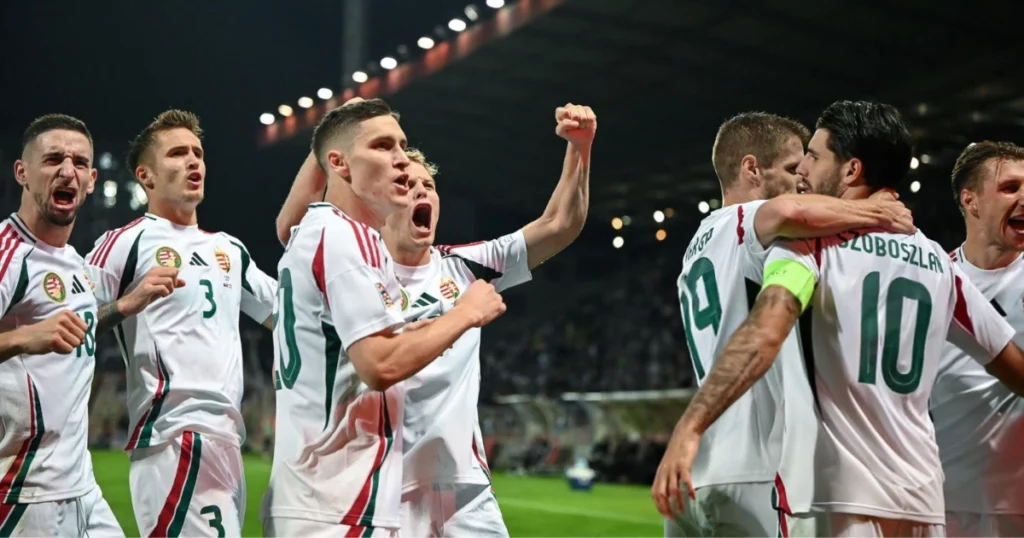 Hungary players celebrating after scoring a goal