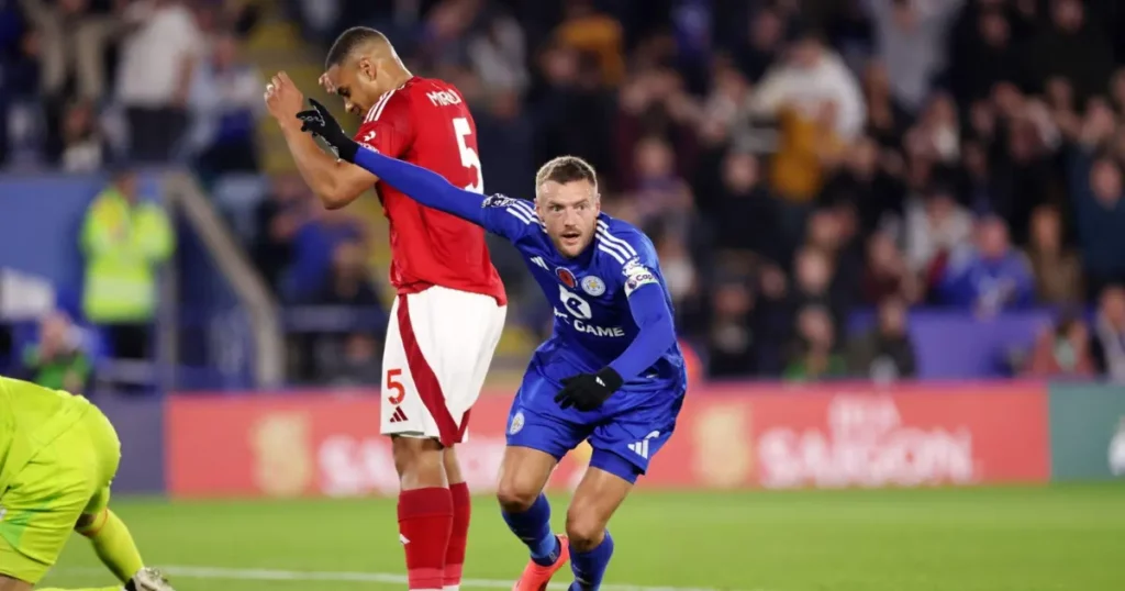 Leicester City's Jamie Vardy during the Premier League game against Nottingham Forest (Getty Images)