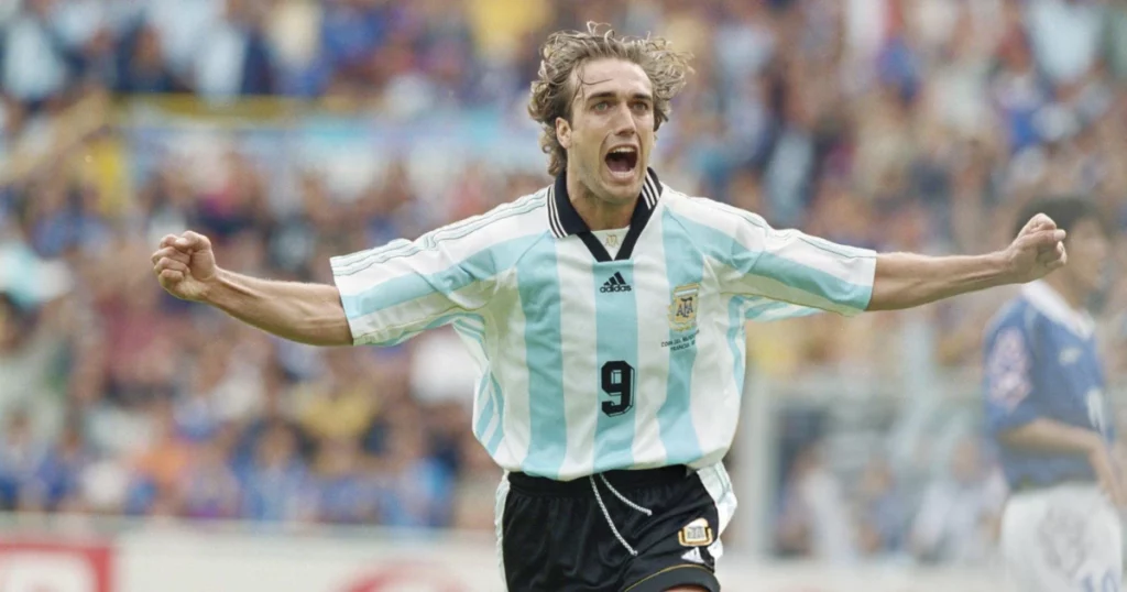 Gabriel Batistuta celebrates after scoring 