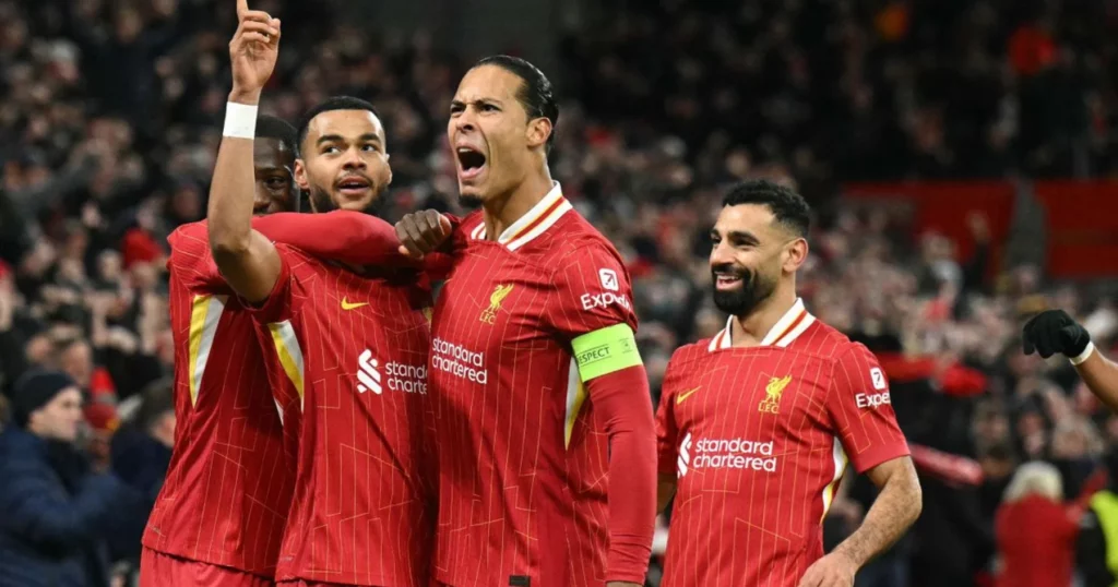 Liverpool players celebrate Gakpo's goal against Real Madrid