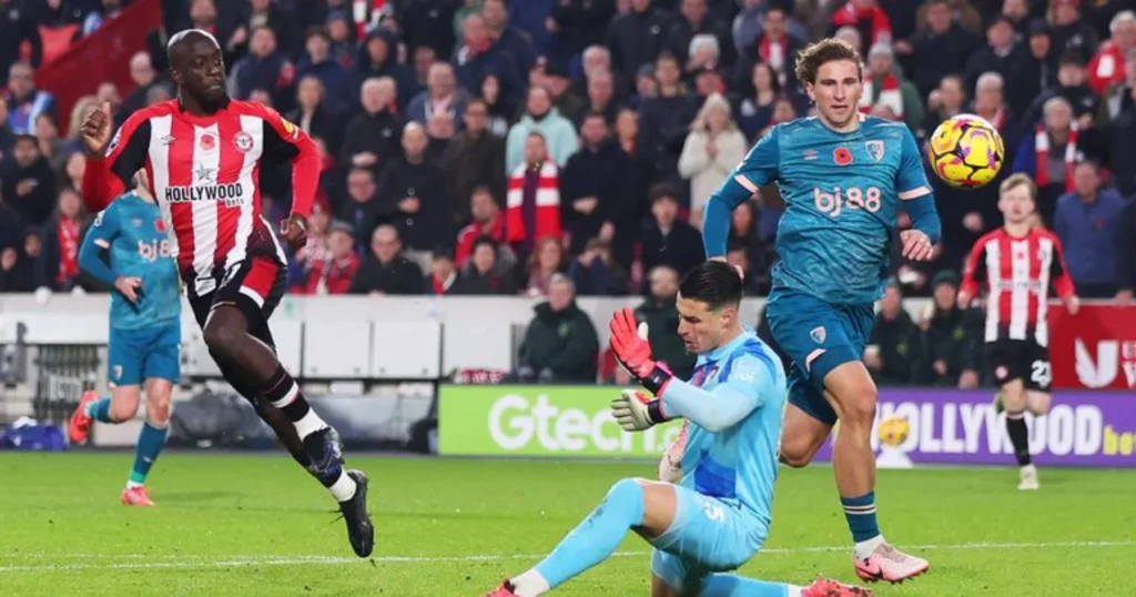 Yoane Wissa reacts after scoring past Bournemouth's Kepa Arrizabalaga