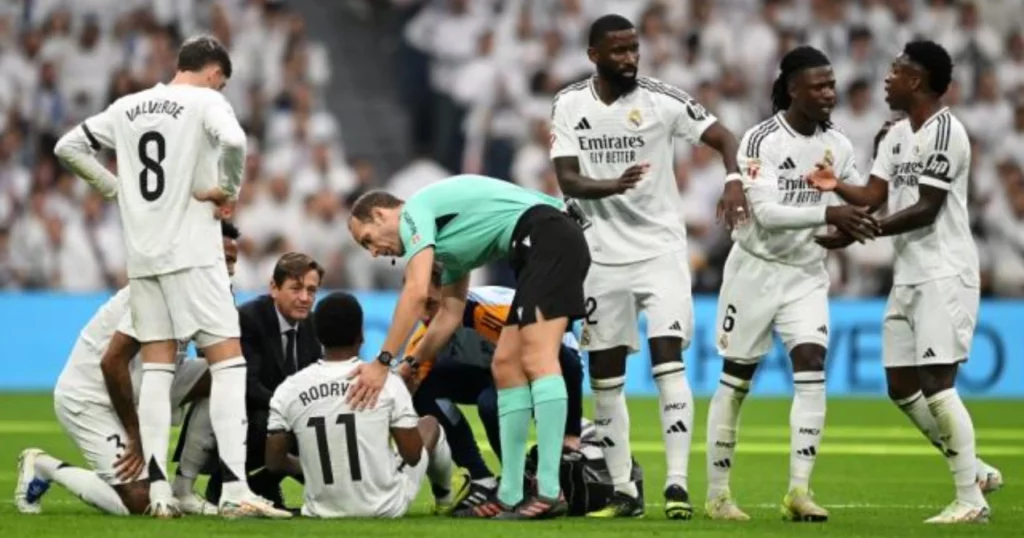 Real Madrid's Rodrygo after suffering an injury against Osasuna.