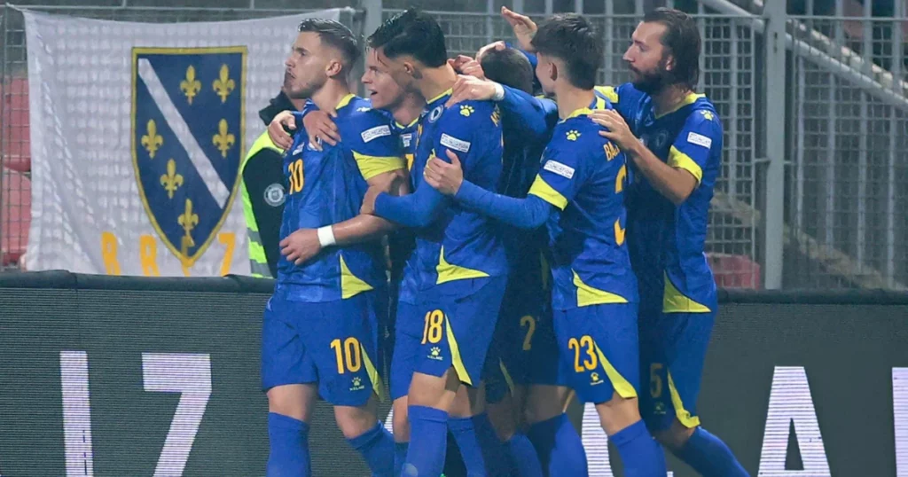 Bosnian players celebrating Ermedin Demirovic's equaliser