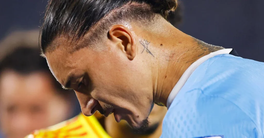 Darwin Núñez of Uruguay reacts during the South American Qualifier match between Uruguay and Colombia