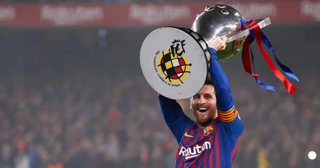 Lionel Messi lifting Barcelona's La Liga