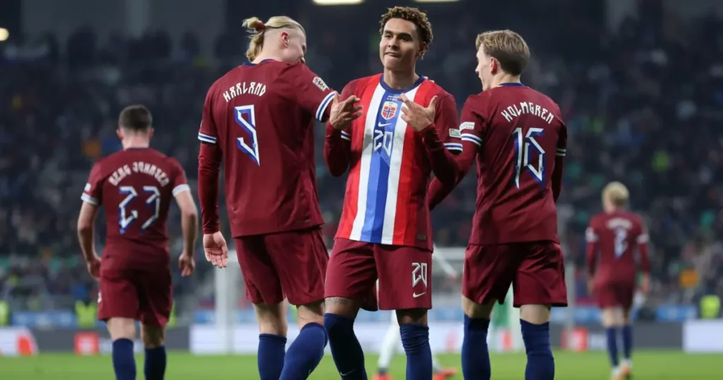 Antonio Nusa of Norway celebrating his goal vs Slovenia in the UEFA Nations League (Credit: Getty Images)