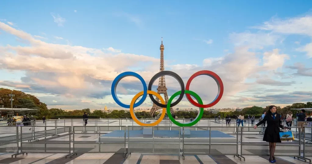 Olympics logo near Eiffel Tower Paris Olympics 2024