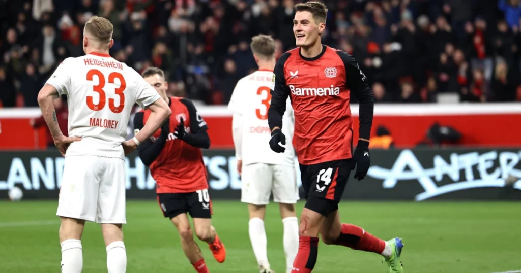 Patrik Schick after scoring his hat-trick against Heidenheim in a Bundesliga fixture 