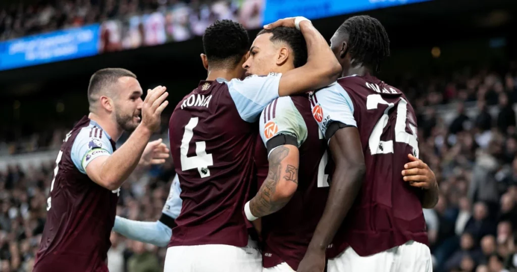 Aston Villa players celebrating their goal in the first half