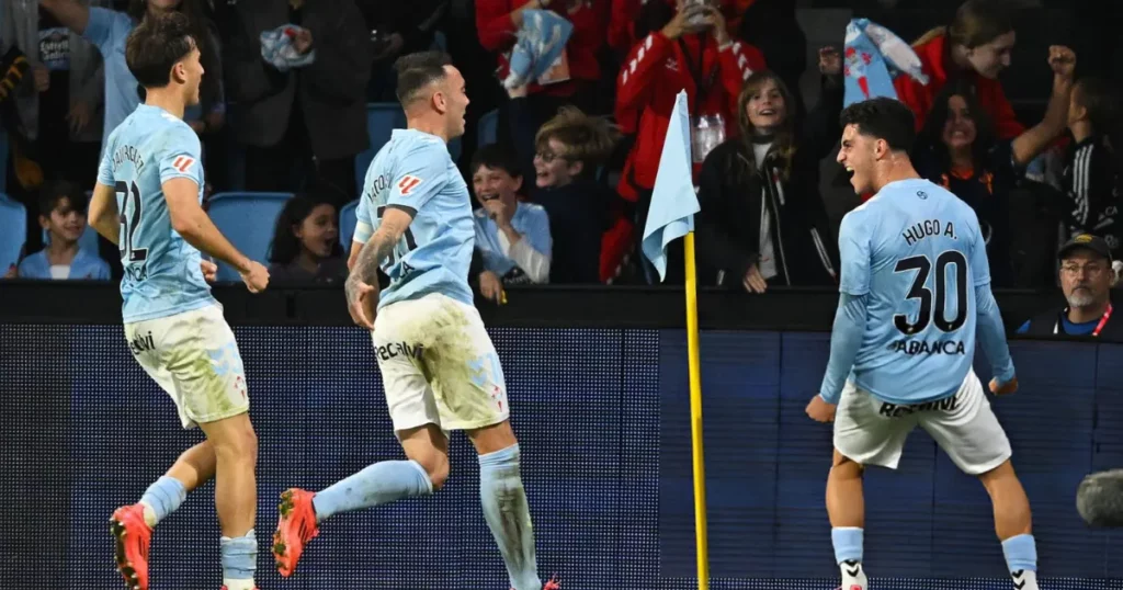 Celta Vigo players celebrating Hugo Alvarez's equaliser vs Barcelona in La Liga (Credit: Getty Images)