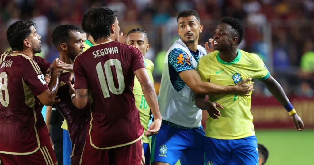 Vinicius Junior of Brazil argues with players of Venezuela during the South American FIFA World Cup 2026 Qualifier match between Venezuela and Brazil