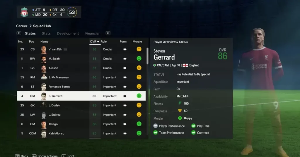 Player Attributes screen